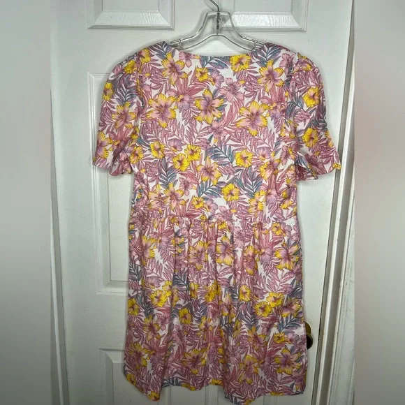draper james Square Neck Button Boho Linen Floral Pink Womens Mini Dress Size 12 - Picture 6 of 10